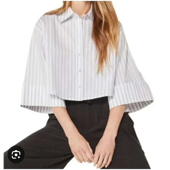 BCBGMaxAzria Tops - BCBGMAXAZRIA Gray White Striped Boxy Button Up Shirt XS Minimalist